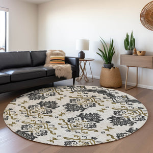Homeroots 3' Stylish Beige Tan And Taupe Oriental Washable Area Rug For Indoor And Outdoor Spaces, Durable Design 8' Round Polyester 585402