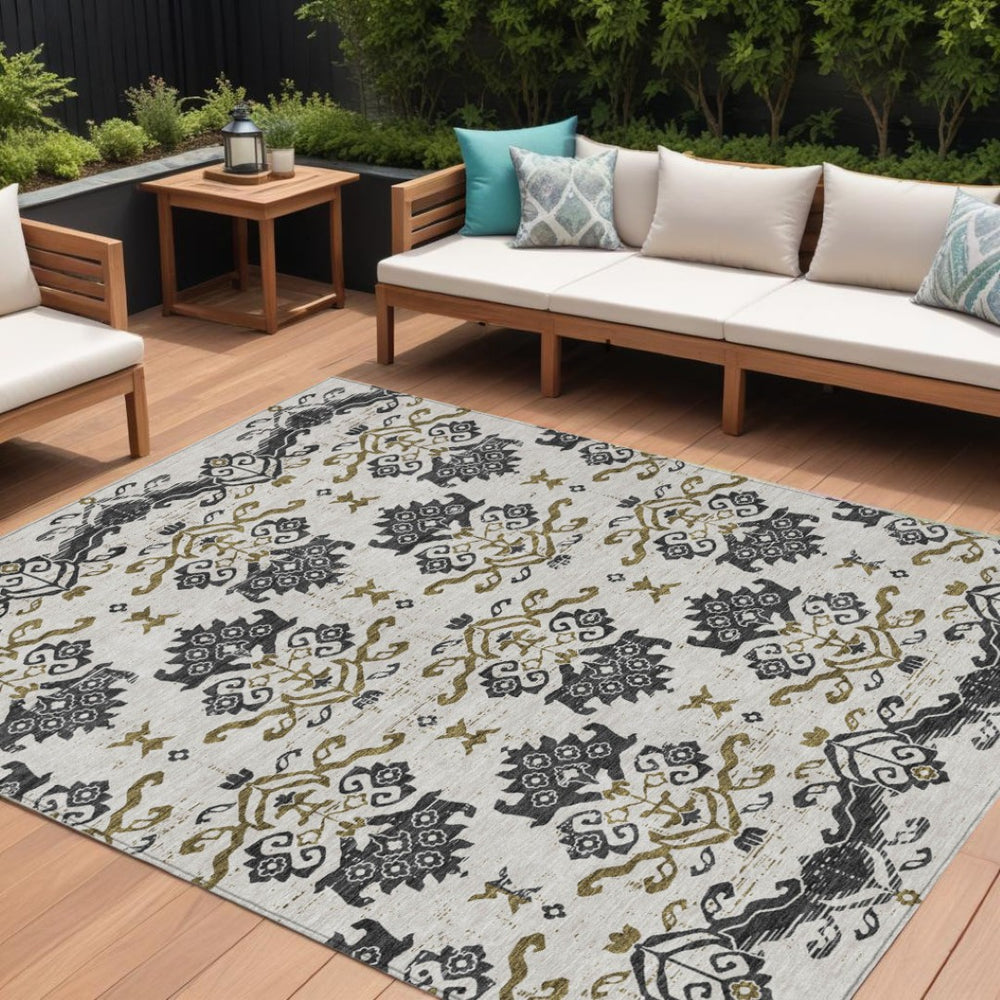 HomeRoots 5' Timeless Black Beige Gold Oriental Washable Rug for Indoor and Outdoor Elegance and Durability 8' X 10' 585403