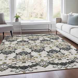 Homeroots 3' Stylish Beige Tan And Taupe Oriental Washable Area Rug For Indoor And Outdoor Spaces, Durable Design 9' X 12' Polyester 585404