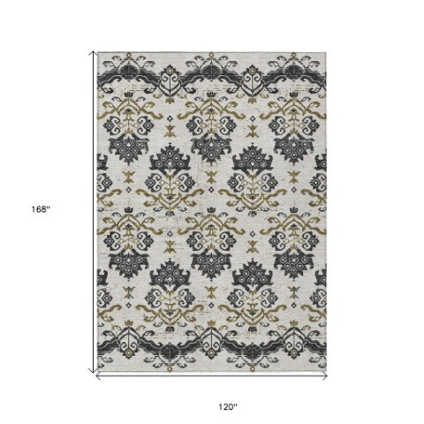 Homeroots 3' Stylish Beige Tan And Taupe Oriental Washable Area Rug For Indoor And Outdoor Spaces, Durable Design 10' X 14' Polyester 585405