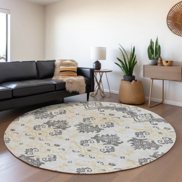 Homeroots 3' Stylish Beige Tan And Taupe Oriental Washable Area Rug For Indoor And Outdoor Spaces, Durable Design 8' Round Polyester 585408