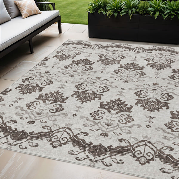Homeroots 3' Stylish Beige Tan And Taupe Oriental Washable Area Rug For Indoor And Outdoor Spaces, Durable Design 5' X 8' Polyester 585413
