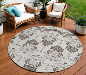 Homeroots 3' Stylish Beige Tan And Taupe Oriental Washable Area Rug For Indoor And Outdoor Spaces, Durable Design 8' Round Polyester 585414