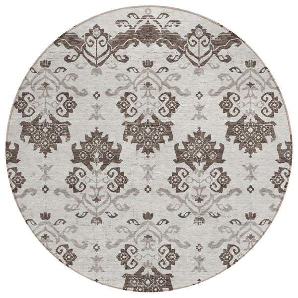 HomeRoots 5' Durable Chocolate Taupe Beige Oriental Area Rug - Washable for Indoor & Outdoor Use, Easy Care 8' Round 585414
