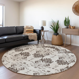 Homeroots 3' Stylish Beige Tan And Taupe Oriental Washable Area Rug For Indoor And Outdoor Spaces, Durable Design 8' Round Polyester 585414