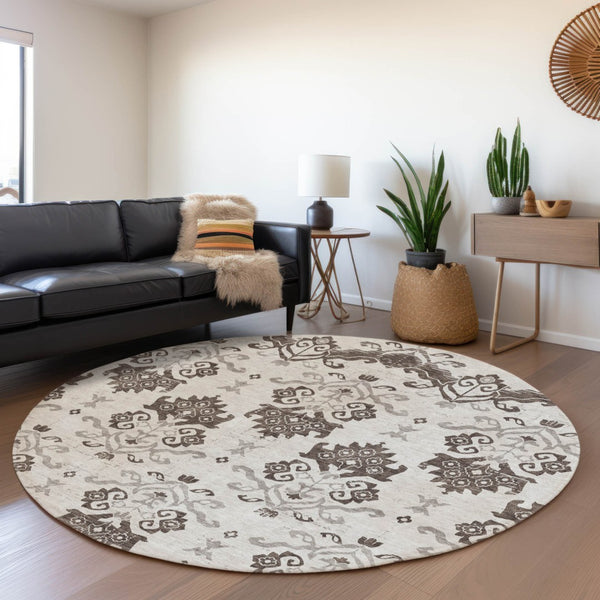 Homeroots 3' Stylish Beige Tan And Taupe Oriental Washable Area Rug For Indoor And Outdoor Spaces, Durable Design 8' Round Polyester 585414
