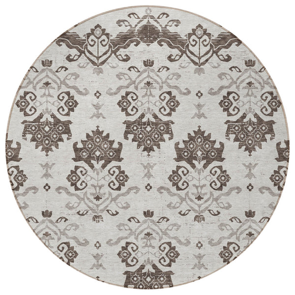 Homeroots 3' Stylish Beige Tan And Taupe Oriental Washable Area Rug For Indoor And Outdoor Spaces, Durable Design 8' Round Polyester 585414