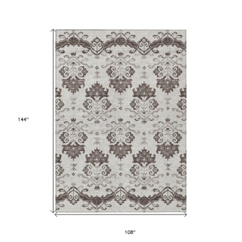 Homeroots 3' Stylish Beige Tan And Taupe Oriental Washable Area Rug For Indoor And Outdoor Spaces, Durable Design 9' X 12' Polyester 585416