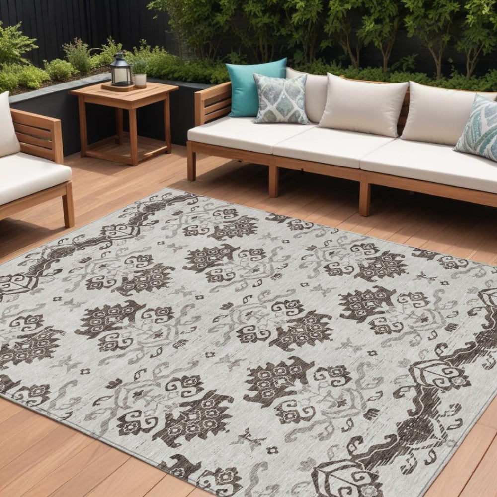 HomeRoots 9' Chocolate Taupe and Beige Oriental Washable Area Rug for Indoor and Outdoor Spaces, Durable Design 9' X 12' 585416
