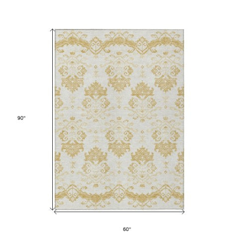 Homeroots 3' Stylish Beige Tan And Taupe Oriental Washable Area Rug For Indoor And Outdoor Spaces, Durable Design 5' X 8' Polyester 585425