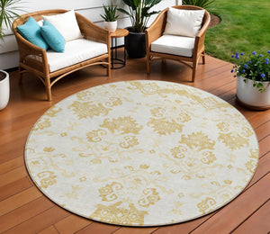 Homeroots 3' Stylish Beige Tan And Taupe Oriental Washable Area Rug For Indoor And Outdoor Spaces, Durable Design 8' Round Polyester 585426