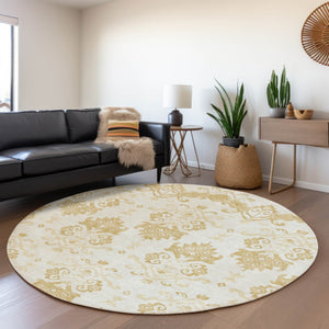 Homeroots 3' Stylish Beige Tan And Taupe Oriental Washable Area Rug For Indoor And Outdoor Spaces, Durable Design 8' Round Polyester 585426