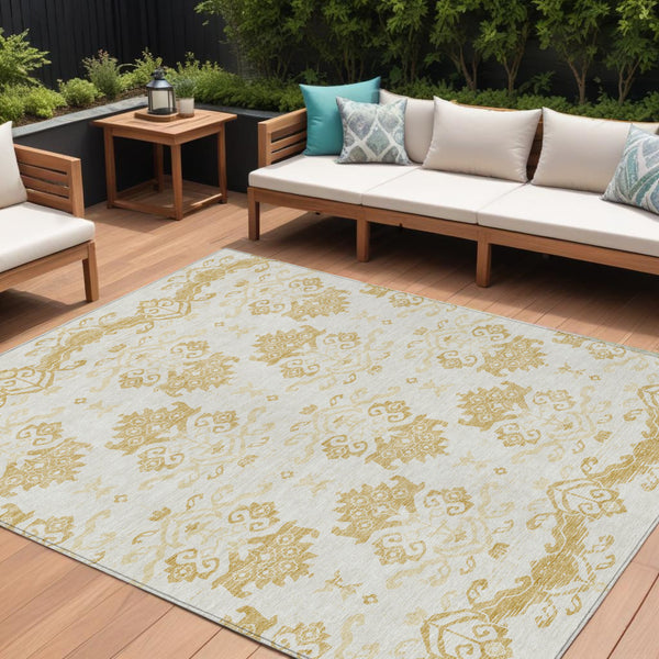 Homeroots 3' Stylish Beige Tan And Taupe Oriental Washable Area Rug For Indoor And Outdoor Spaces, Durable Design 8' X 10' Polyester 585427