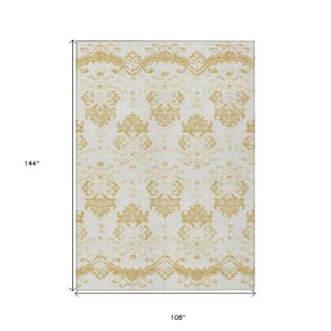 Homeroots 3' Stylish Beige Tan And Taupe Oriental Washable Area Rug For Indoor And Outdoor Spaces, Durable Design 9' X 12' Polyester 585428