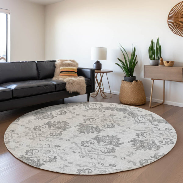 Homeroots 3' Stylish Beige Tan And Taupe Oriental Washable Area Rug For Indoor And Outdoor Spaces, Durable Design 8' Round Polyester 585432