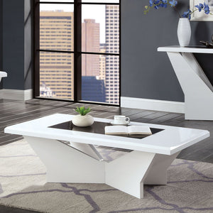 English Elm White glossy end table with geometric base and black tempered glass insert for modern statement decor White 52 L x 32 W x 5 H B2741P362596