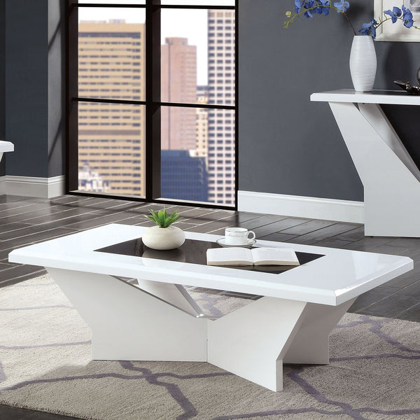 English Elm White glossy end table with geometric base and black tempered glass insert for modern statement decor White 52 L x 32 W x 5 H B2741P362596