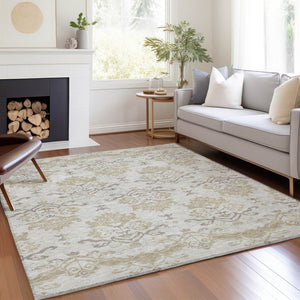 Homeroots 3' Stylish Beige Tan And Taupe Oriental Washable Area Rug For Indoor And Outdoor Spaces, Durable Design 5' X 8' Polyester 585437