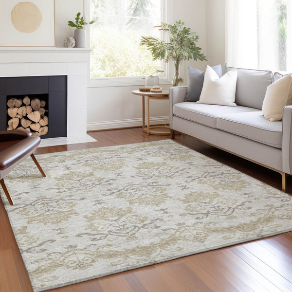 Homeroots 3' Stylish Beige Tan And Taupe Oriental Washable Area Rug For Indoor And Outdoor Spaces, Durable Design 5' X 8' Polyester 585437