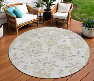 Homeroots 3' Stylish Beige Tan And Taupe Oriental Washable Area Rug For Indoor And Outdoor Spaces, Durable Design 8' Round Polyester 585438