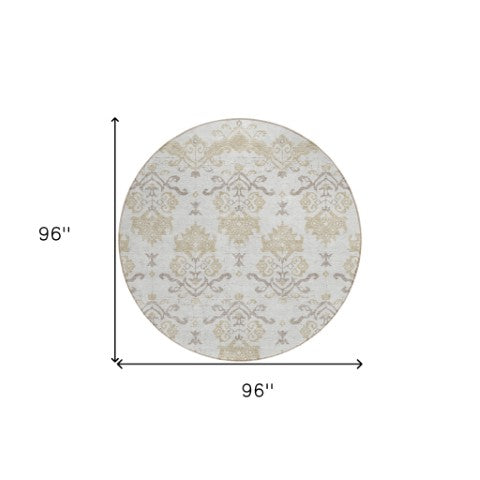 Homeroots 3' Stylish Beige Tan And Taupe Oriental Washable Area Rug For Indoor And Outdoor Spaces, Durable Design 8' Round Polyester 585438