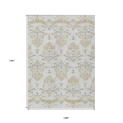 Homeroots 3' Stylish Beige Tan And Taupe Oriental Washable Area Rug For Indoor And Outdoor Spaces, Durable Design 9' X 12' Polyester 585440