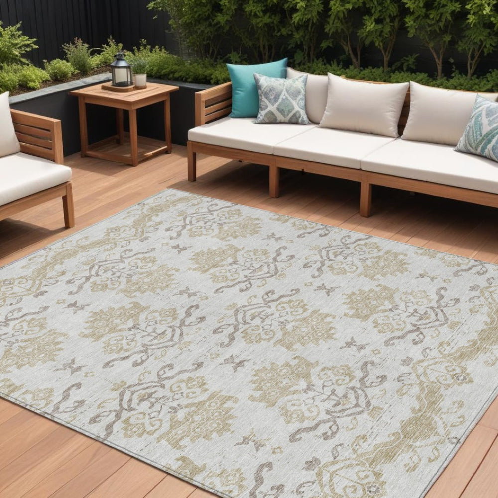 HomeRoots 9' Elegant Ivory Beige Taupe Oriental Washable Area Rug for Indoor & Outdoor Spaces, Durable Design 9' X 12' 585440