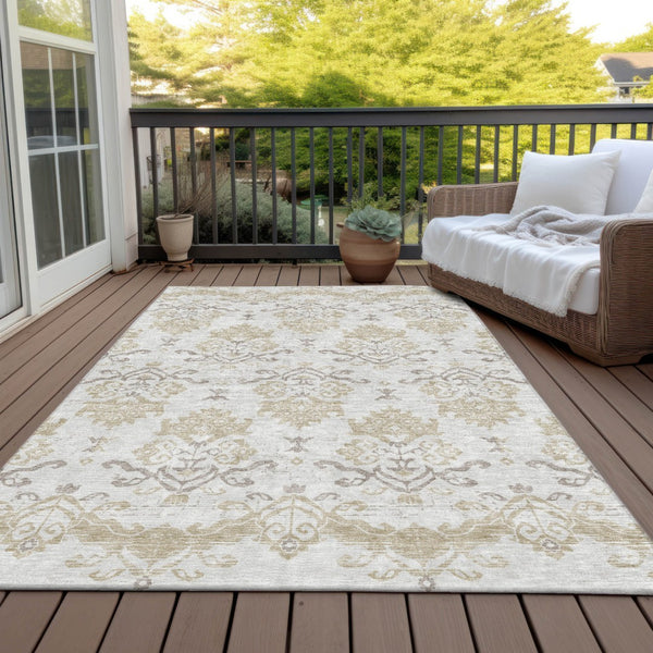 Homeroots 3' Stylish Beige Tan And Taupe Oriental Washable Area Rug For Indoor And Outdoor Spaces, Durable Design 9' X 12' Polyester 585440