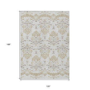 Homeroots 3' Stylish Beige Tan And Taupe Oriental Washable Area Rug For Indoor And Outdoor Spaces, Durable Design 10' X 14' Polyester 585441