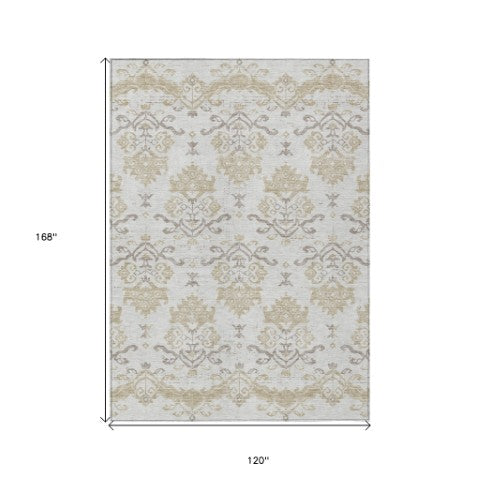 Homeroots 3' Stylish Beige Tan And Taupe Oriental Washable Area Rug For Indoor And Outdoor Spaces, Durable Design 10' X 14' Polyester 585441