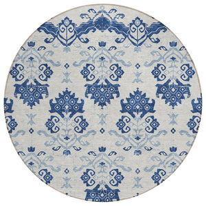 HomeRoots 5' Timeless Navy Blue and Beige Oriental Area Rug – Durable, Washable Design for Indoor or Outdoor Use 8' Round 585444