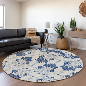Homeroots 3' Stylish Beige Tan And Taupe Oriental Washable Area Rug For Indoor And Outdoor Spaces, Durable Design 8' Round Polyester 585444