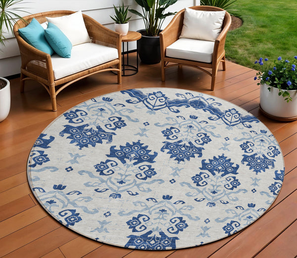Homeroots 3' Stylish Beige Tan And Taupe Oriental Washable Area Rug For Indoor And Outdoor Spaces, Durable Design 8' Round Polyester 585444