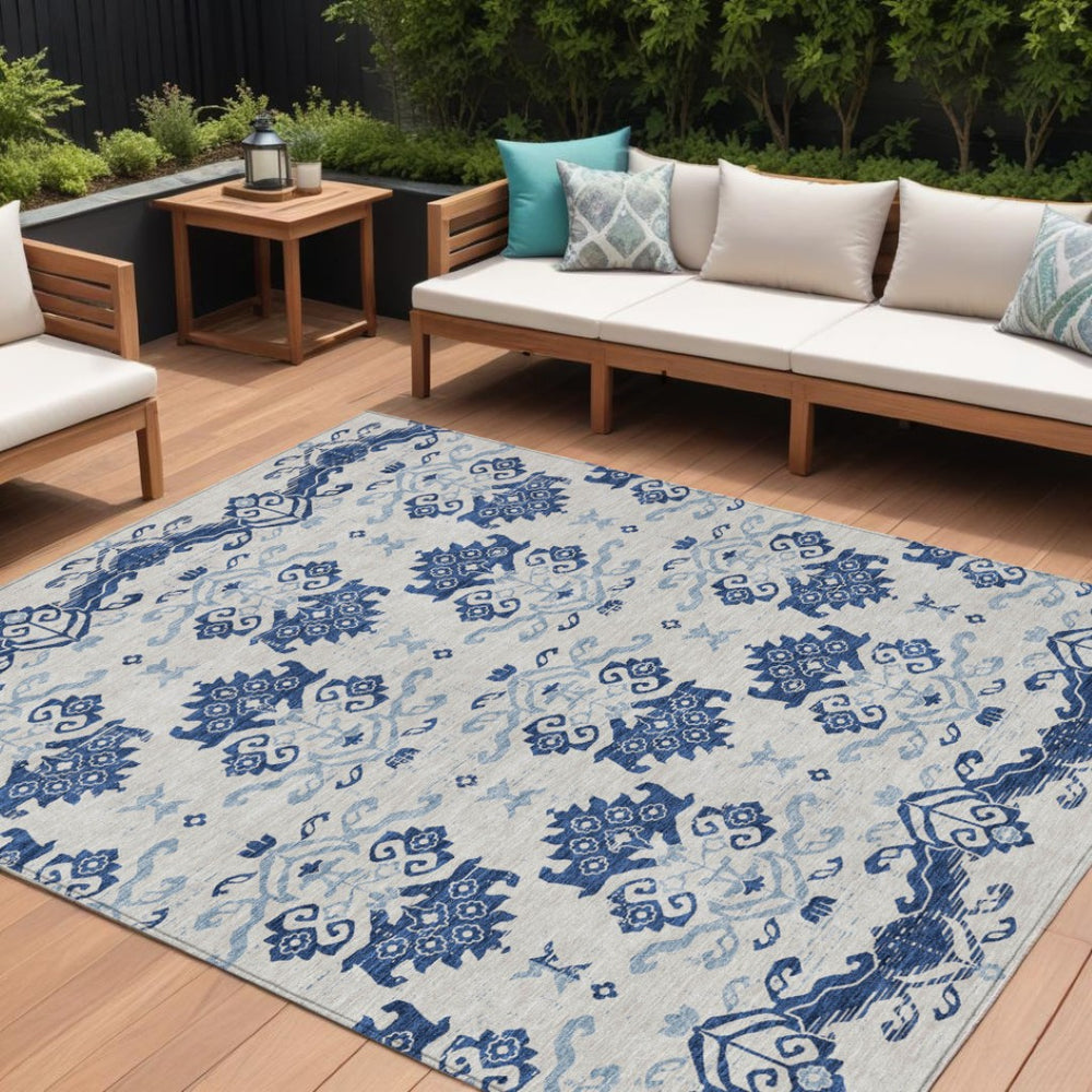 HomeRoots 9' Elegant Navy Blue Beige Denim Indoor/Outdoor Oriental Area Rug for High-Traffic Spaces 9' X 12' 585446