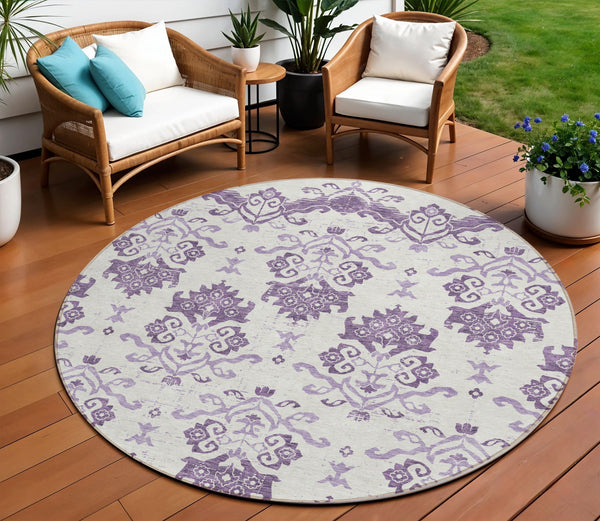 Homeroots 3' Stylish Beige Tan And Taupe Oriental Washable Area Rug For Indoor And Outdoor Spaces, Durable Design 8' Round Polyester 585450