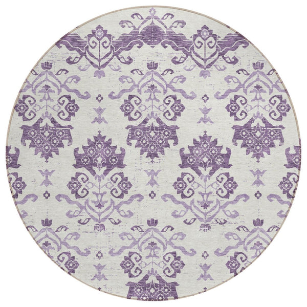 HomeRoots 5' Vibrant Purple Silver Lilac Oriental Washable Area Rug for Indoor Outdoor Spaces, Durable Design 8' Round 585450