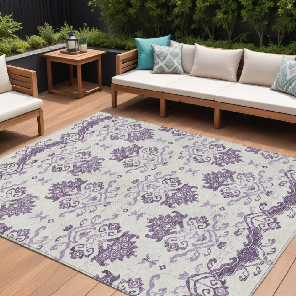 HomeRoots 5' Vibrant Purple Silver Lilac Oriental Washable Area Rug for Indoor Outdoor Spaces, Durable Design 10' X 14' 585453