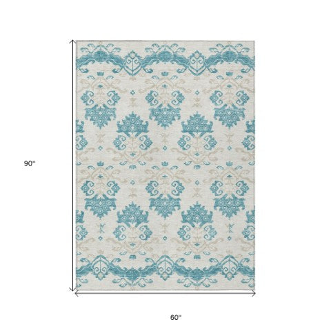 Homeroots 3' Stylish Beige Tan And Taupe Oriental Washable Area Rug For Indoor And Outdoor Spaces, Durable Design 5' X 8' Polyester 585461