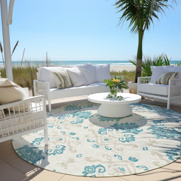 Homeroots 3' Stylish Beige Tan And Taupe Oriental Washable Area Rug For Indoor And Outdoor Spaces, Durable Design 8' Round Polyester 585462