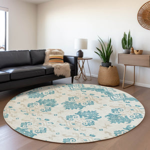 Homeroots 3' Stylish Beige Tan And Taupe Oriental Washable Area Rug For Indoor And Outdoor Spaces, Durable Design 8' Round Polyester 585462
