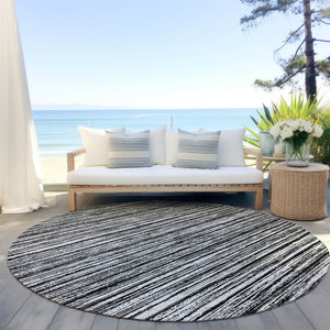HomeRoots 5' Black and Ivory Striped Area Rug - Durable, Washable Design for Indoor and Outdoor Spaces 8' Round 585468