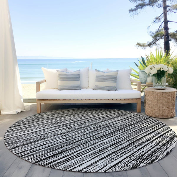 HomeRoots 5' Black and Ivory Striped Area Rug - Durable, Washable Design for Indoor and Outdoor Spaces 8' Round 585468