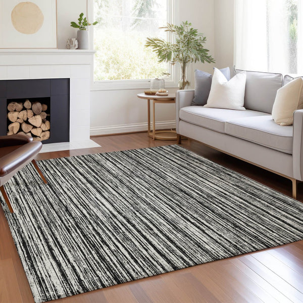 HomeRoots 5' Black and Ivory Striped Area Rug - Durable, Washable Design for Indoor and Outdoor Spaces 10' X 14' 585471