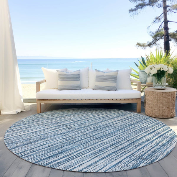HomeRoots 5' Blue and Ivory Striped Washable Area Rug – Durable, Stylish, Indoor/Outdoor for High-Traffic Spaces 8' Round 585480