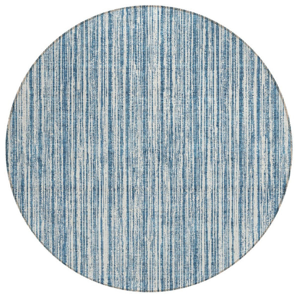 HomeRoots 5' Blue and Ivory Striped Washable Area Rug – Durable, Stylish, Indoor/Outdoor for High-Traffic Spaces 8' Round 585480