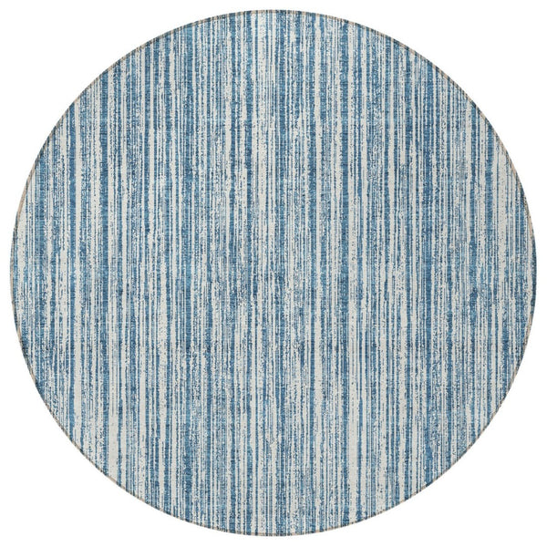 HomeRoots 5' Blue and Ivory Striped Washable Area Rug – Durable, Stylish, Indoor/Outdoor for High-Traffic Spaces 8' Round 585480