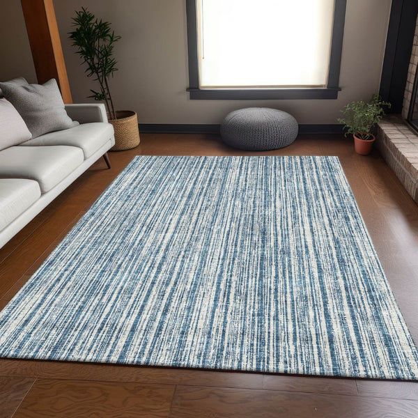 HomeRoots 5' Blue and Ivory Striped Washable Area Rug – Durable, Stylish, Indoor/Outdoor for High-Traffic Spaces 8' X 10' 585481