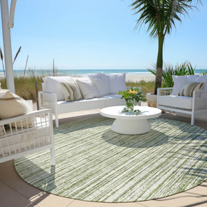 HomeRoots 5' Striped Indoor Outdoor Area Rug - Coastal Green and Ivory Design, Durable & Machine Washable 8' Round 585486