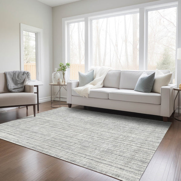HomeRoots 5' Stylish Gray and Silver Striped Area Rug - Durable, Washable, Perfect for Indoor or Outdoor Spaces 5' X 8' 585491