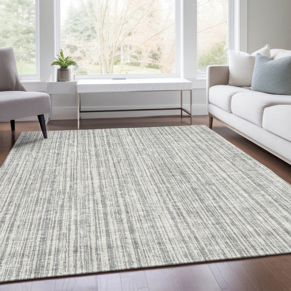 HomeRoots 9' Gray and Silver Striped Washable Area Rug – Durable Indoor/Outdoor Design for Stylish Spaces 9' X 12' 585494